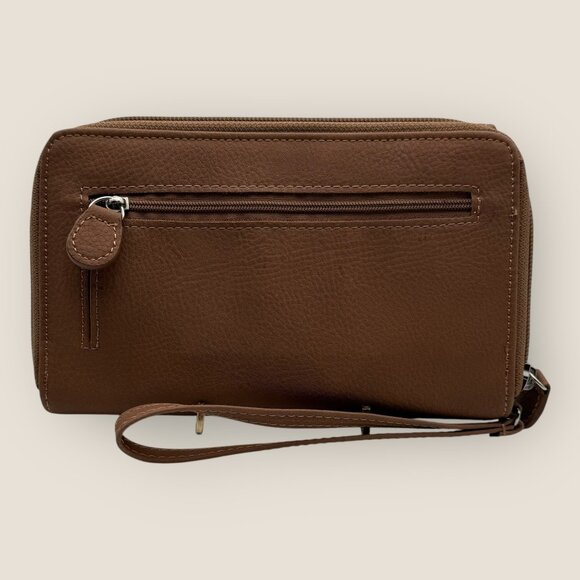 Brown Faux Leather Wallet Wristlet Card Slots Checkbook Zipper Around Snaps - Picture 2 of 7